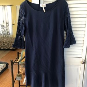 Pretty navy dress with lace bell sleeves